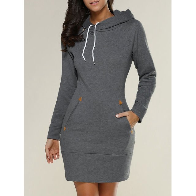 Robe Chandail à Capuche à Cordon pour Femmes, Printemps Automne, Mode, Unie, avec Poches, Moulante, Mini Robes pour Dames, Grande Taille