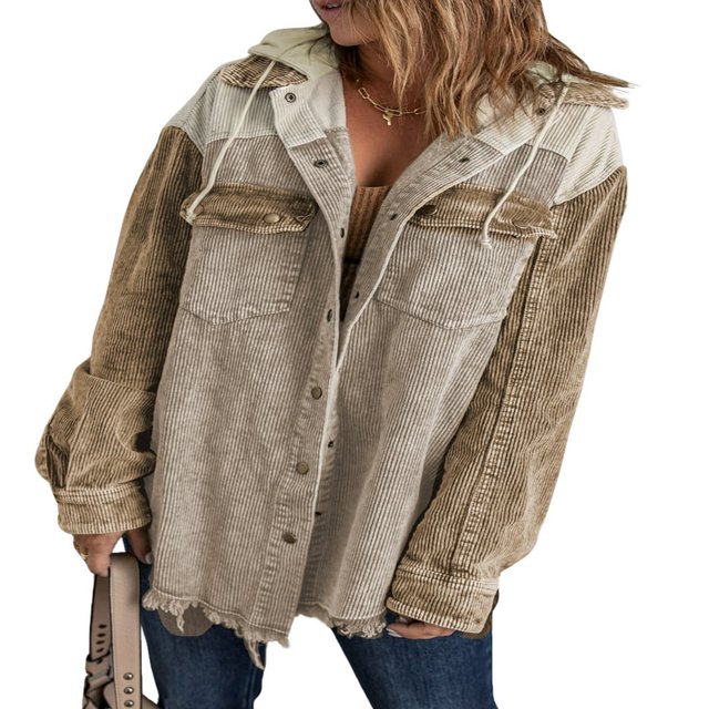 MesaSe Womens Corduroy Shacket Jacket Long Sleeve Button Down Color Block Hooded Coat with Pockets