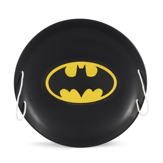 Slippery Racer 26" Heavy Duty Batman Metal Saucer Sled with Rope Handles. This black saucer sled features a durable aluminum/iron alloy construction with a glossy finish for smooth rides. The iconic yellow Batman logo is prominently displayed at the center. Equipped with dual riveted, soft-grip rope handles for easy maneuverability and carrying. Measures 26 inches in diameter and weighs 2 pounds, making it lightweight yet sturdy for winter sports fun.