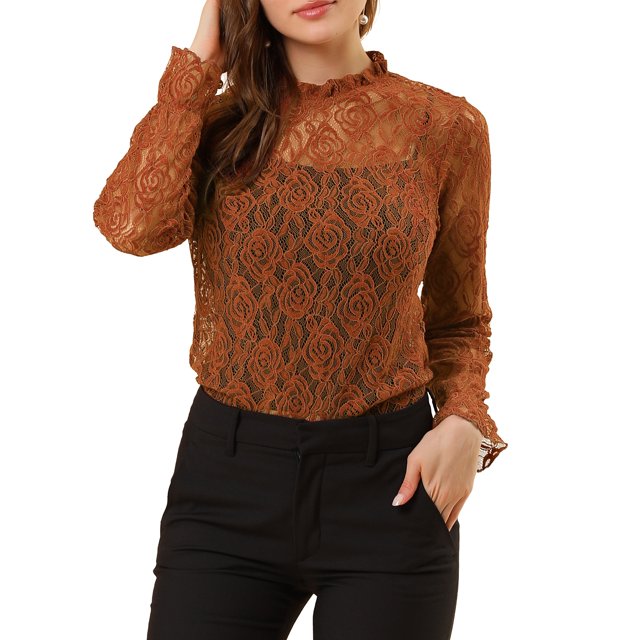 INSPIRE CHIC Women's Crochet Lace See Through Floral Ruffle Neck Blouse