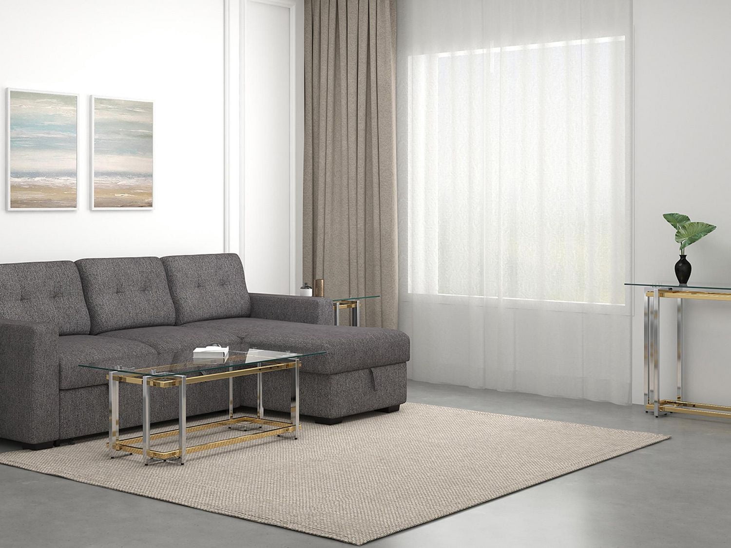 Contemporary Rectangular Glass & Metal Coffee Table in Silver & Gold