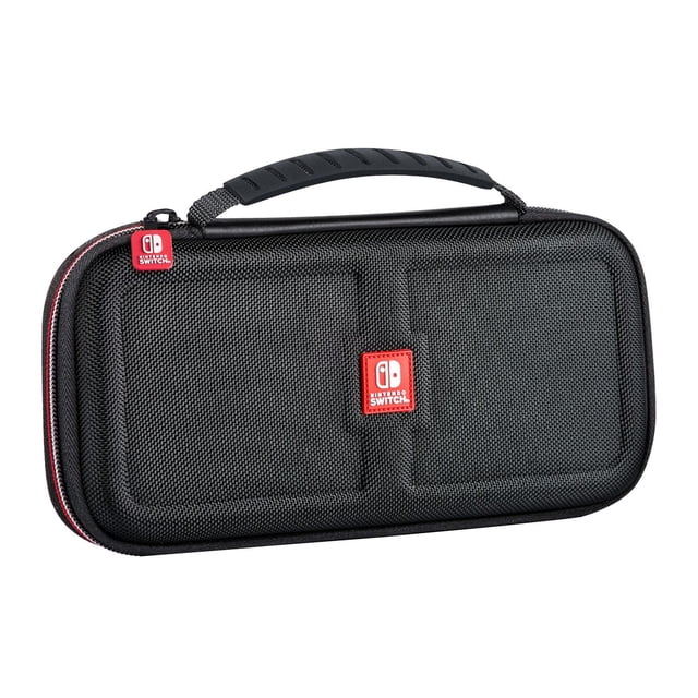 Game Traveller GoPlay Action Pack for Nintendo Switch and Nintendo Switch OLED Model systems, a durable black hard shell travel case with textured finish, red Nintendo Switch logo patches on front and zipper, and a black ergonomic handle, ideal for portable storage and protection.