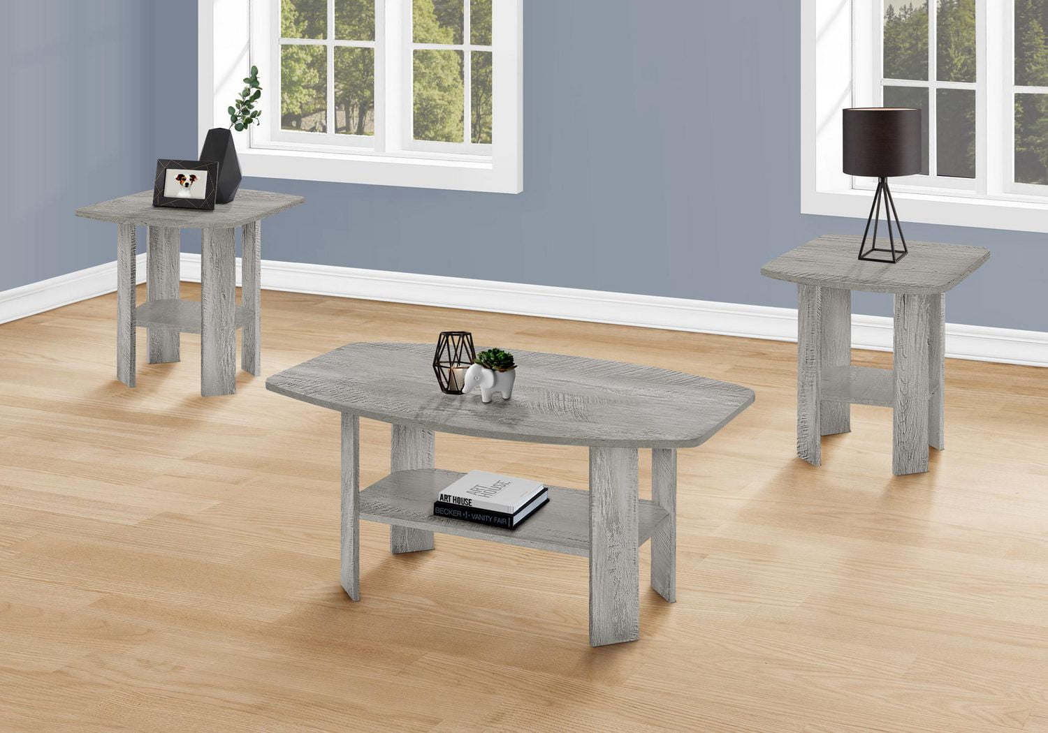 Monarch Specialties Ensemble De Table, Ensemble 3pcs, Café, Bout, Côté, Accent, Salon, Stratifié, Gris, Transitionnel