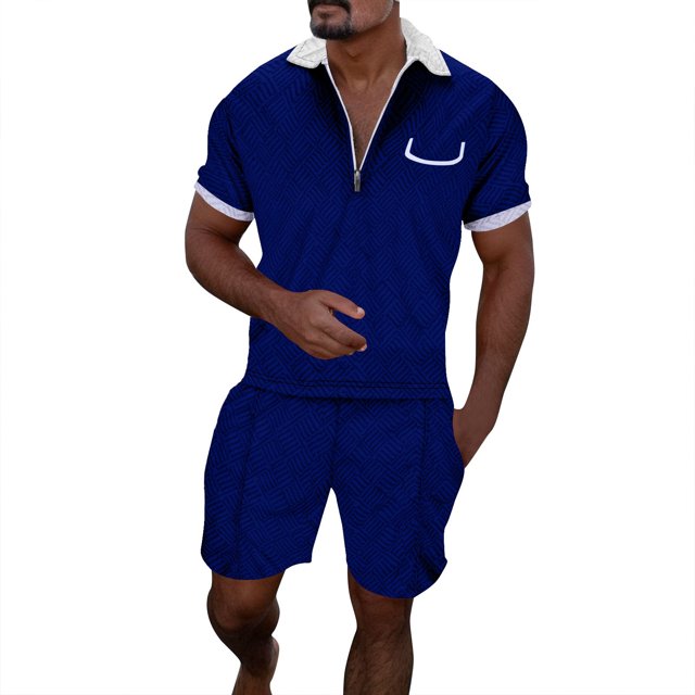 FhsagQ Men's Shirts Mens Shirts Tops Xsmall Male Casual Striped Gradient Ramp Print Two Piece Suit Zipper Short Sleeve Top Blouse Suit Drawstring Pocket Short Set Dark Blue L