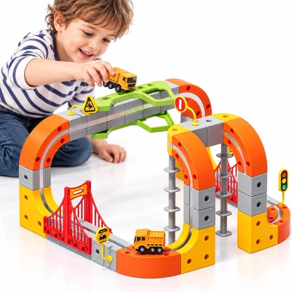 115-Piece 3D Magnetic Track Set with Motorized Construction Yellow Truck – STEM Building & Railway Toy for Kids Ages 3+