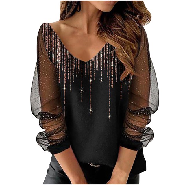 CEHVOM Blouse à Manches Longues en Maille Imprimée pour Femmes, Col en V, Tunique Chandail