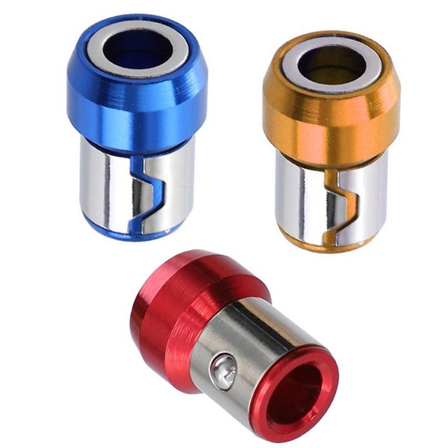 Magnetic Ring 1/4” Screwdriver Bit Metal Anti-Corrosion Screw Holder in gold, blue, and red colors. Made of durable metal with strong magnetism to securely hold screws and reduce wear on screwdriver bits. Compact size of 21x15mm (0.83x0.59 inches) with a hardness rating of HRC60. Suitable for 6.35mm batch heads and general-purpose screw heads. Ideal for home improvement and tool accessories.