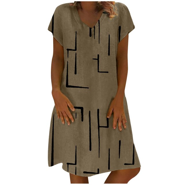 Robes pour Femmes Grande Taille à Col en V, Manches Courtes, Décontractées d'Été, à Étages, Coupe Ample, à Empiècements, Coupe Droite, Longueur Midi