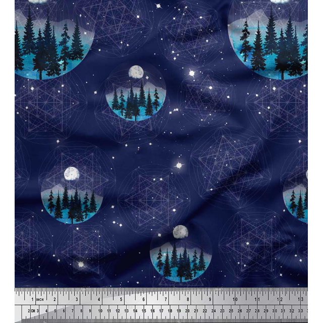Soimoi Poly Georgette Fabric Tree,Moon & Sacred Geometry Galaxy Print Fabric by Yard 52 Inch Wide