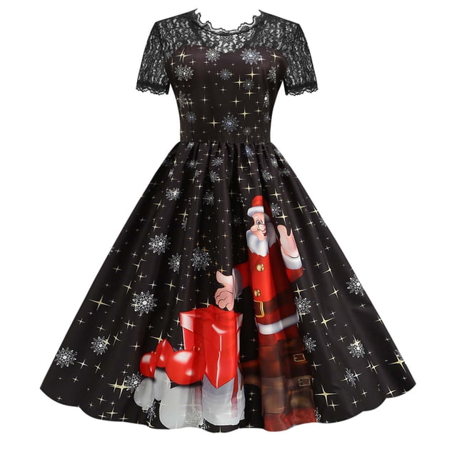 Robe Vintage Évasée en Dentelle pour Femmes Mode Bal Manches Courtes Imprimé Noël Fête