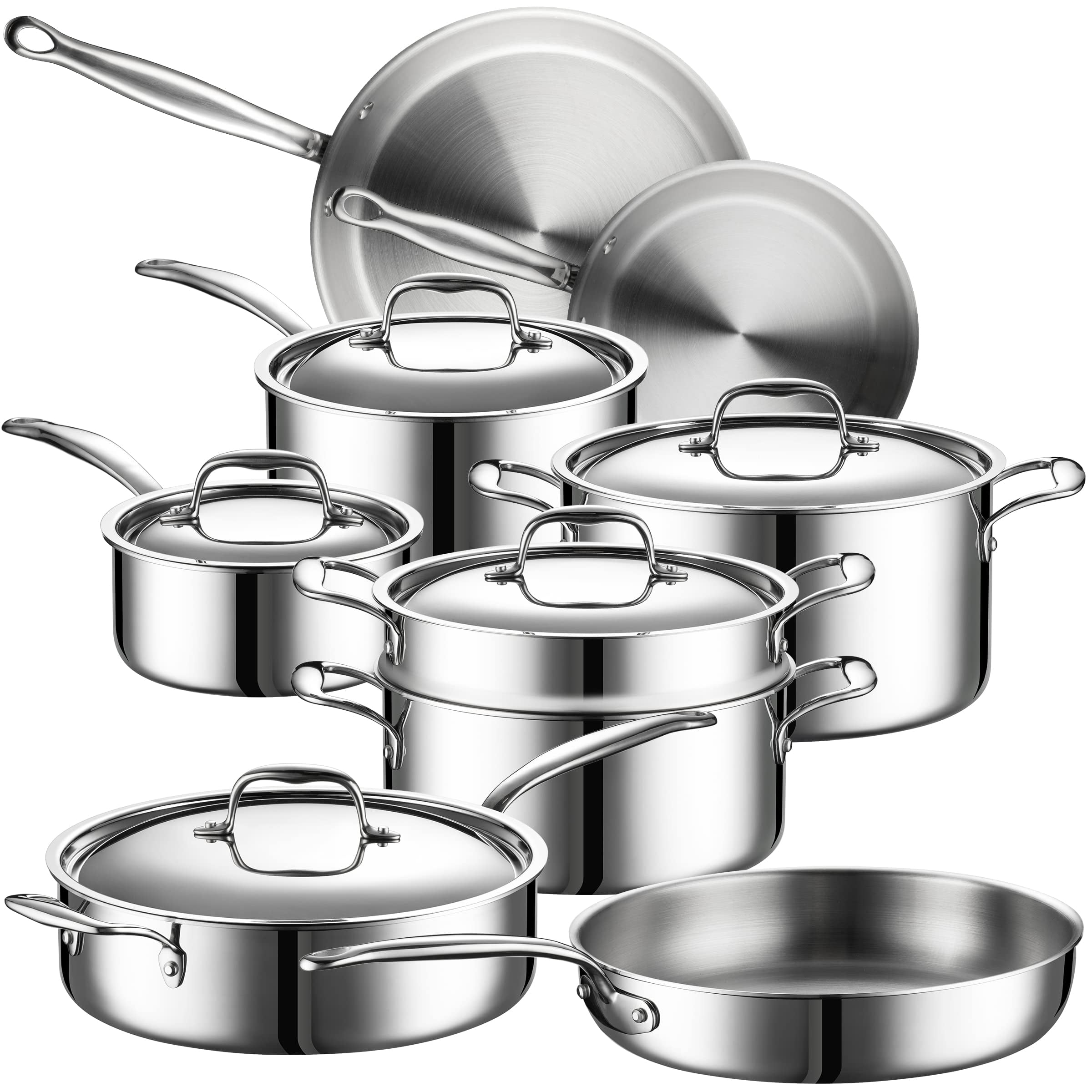Legend 5 Ply Stainless Steel Cookware Set | 14 Piece Best Heavy Pots and Pans Set | Professional Quality Clad Pan & Pot Cook Sets, All Kitchen Surface Induction & Oven Safe | PFOA, PTFE & PFOS Free