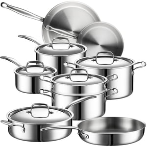 Legend 5 Acier inoxydable Ply Cookware Ensemble 14 Pièce Meilleur ensemble de casseroles et de pots lourds de qualité professionnelle & Ensembles de cuisson en pot, induction de surface de la cuisine & Sûre du four PFOA, PTFE & PFOS Gratuit