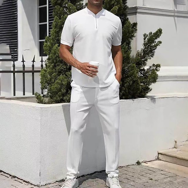 tumgatte Men's Leisure Sports Set Short Sleeve Knitting Split Solid Color Two-piece Round Neck Top Set Clearance