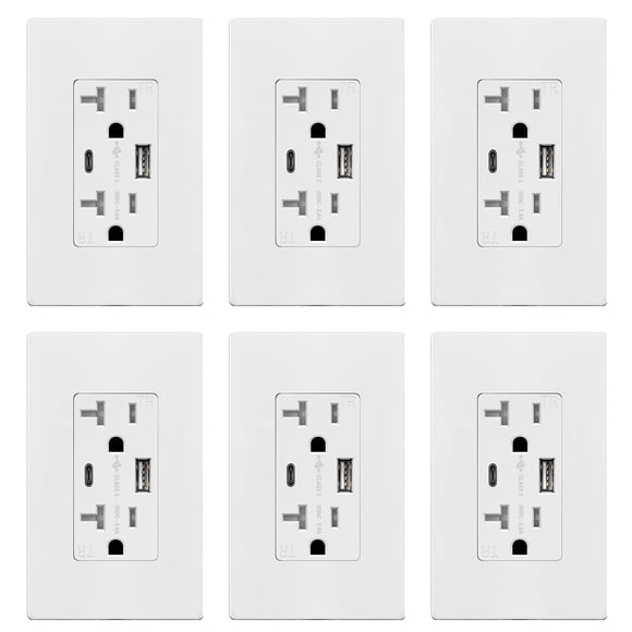 TOPGREENER USB Outlet, Type C & Type A USB Wall Outlet, 20 Amp Tamper-Resistant Receptacle, Charging Power Outlet with USB Ports, Wall Plate Included, UL Listed, TU22036AC-W-6PCS,