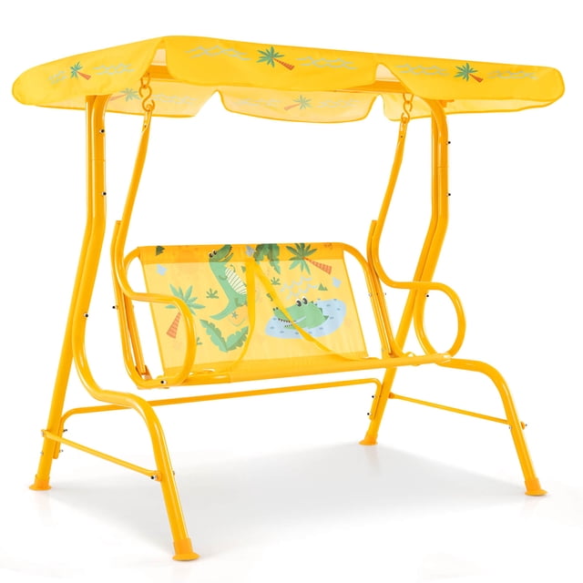 Costway 2-Seater Toddler Porch Swing Chair with Metal Stand Adjustable Canopy Safety Belts Yellow