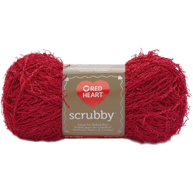 Red Heart® Scrubby™ Yarn in red polyester, medium #4 weight, 3.5oz/100g ball with 92 yards length, featuring a textured looped surface ideal for knit or crochet dishcloths and washcloths that dry quickly and exfoliate.