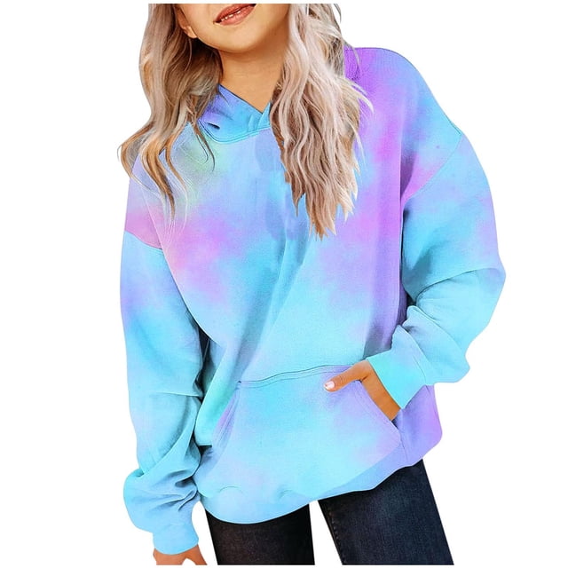 Zwiiyzr 2025 2-14 Ans Garçons et Filles Sweat à Capuche Oversize Manches Longues T-Shirt Imprimé Col Rond Bleu