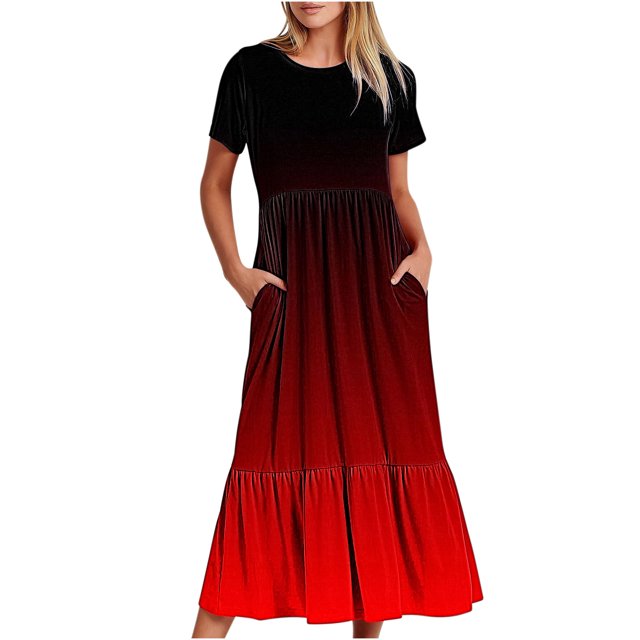 Penkiiy Robe à Manches Courtes pour Femmes à Imprimé Dégradé, Ample, Unie, Décontractée, d'Été, Fluide, à Étages, Longue Maxi avec Poches, TG, Rouge