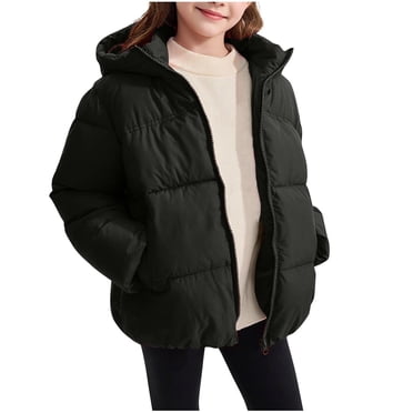 hoksml Girls Solid Color Zipper Down Thick Coat Casual Bread Jacket Relaxed Fit Winter Hooded Warm Puffer Jacket with Pockets