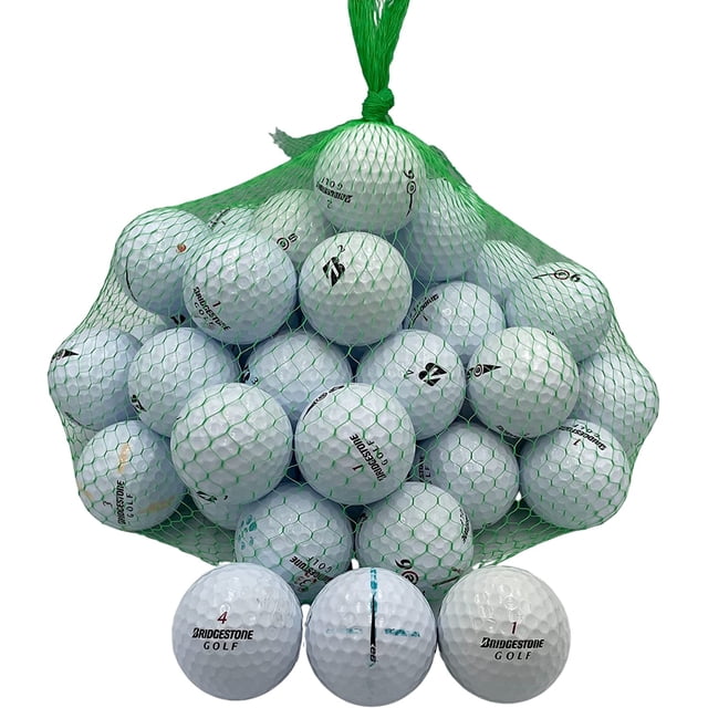 Golf Ball Planet - Bridgestone E6 Recycled Golf Balls 50 Pack (3A/Good) displayed in a green mesh bag. The pack includes 50 white Bridgestone E6 used golf balls in AAA/Good condition, featuring minor surface blemishes, slight scuffs, and possible player markings or logos. These balls are washed, graded, and suitable for practice or casual play.