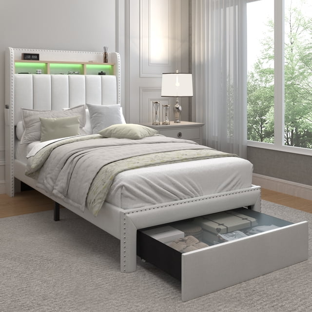 SIBEDS LED Bed Frame with Drawer Pockets and Linen Upholstered Cream Wingback Headboard, Twin