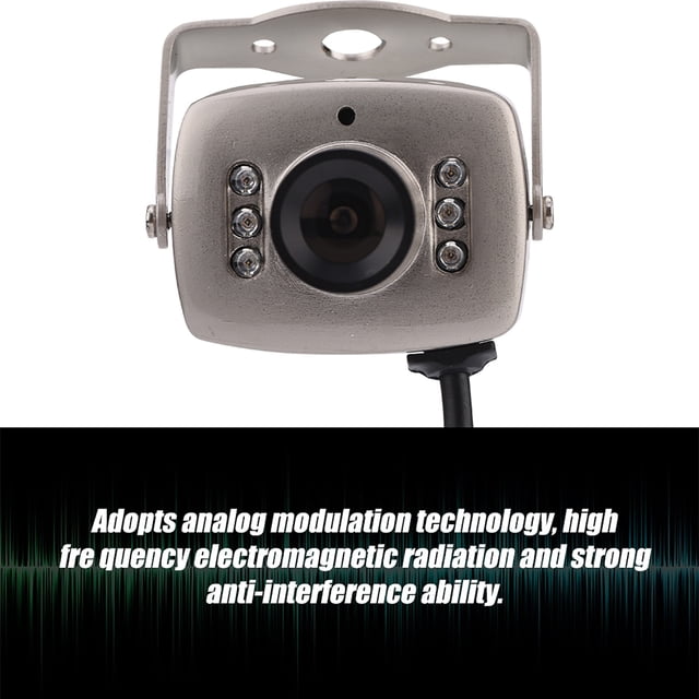 CCTV camera by Ymiko with a compact 3.6mm lens and removable mounting bracket, designed for home and professional surveillance. The camera features high sensitivity and definition, providing clear and bright image quality. It supports audio and video output, adopts analog modulation technology for strong anti-interference, and operates in temperatures ranging from -10°C to +50°C. The silver housing includes visible LED components and a central lens, suitable for environments like homes, warehouses, and parking lots.