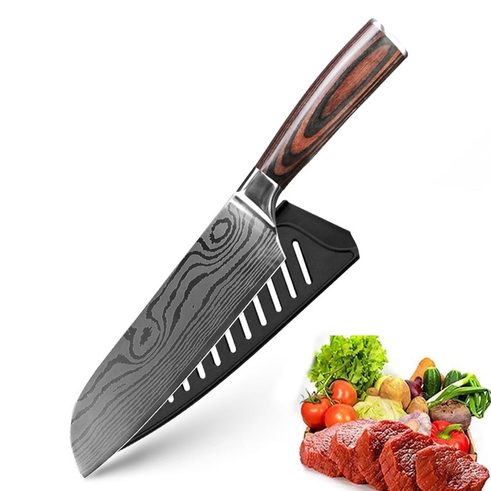 7" Japanese Santoku Knife Ultra Sharp Knife with Cover High Carbon Steel Kitchen Knife Cooking Slicing Tool