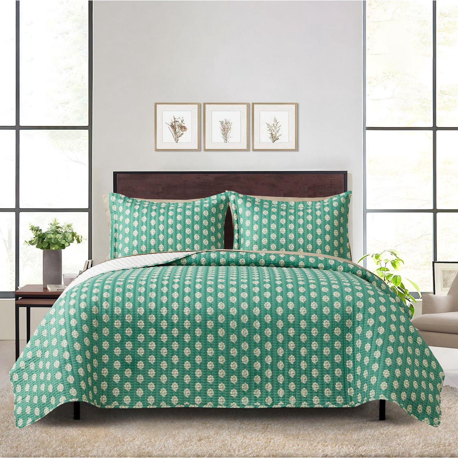 Mainstays All in One Lightweight Quilt Set and Sheet Set -7 Piece, Queen, Green Floral