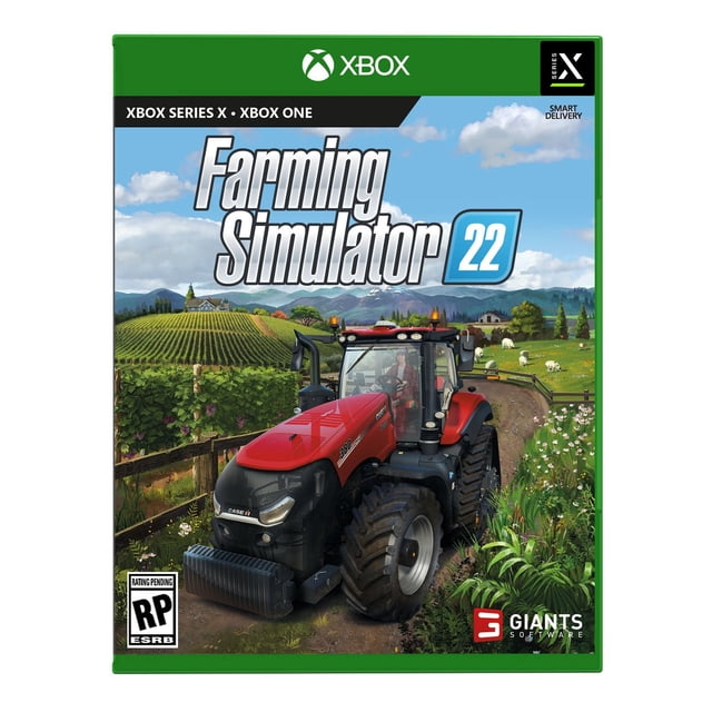 Farming Simulator 22 (Xbox) Couverture de Jeu Mettant en Vedette un Tracteur IH 380 à Boîtier Rouge Conduisant sur un Sentier de Terre à Travers des Champs Verts avec des Plantes à Fleurs et des Moutons en Pâturage Près de Fermes sous un Ciel Bleu Partiellement Nuageux, pour Xbox Series X et Xbox One.