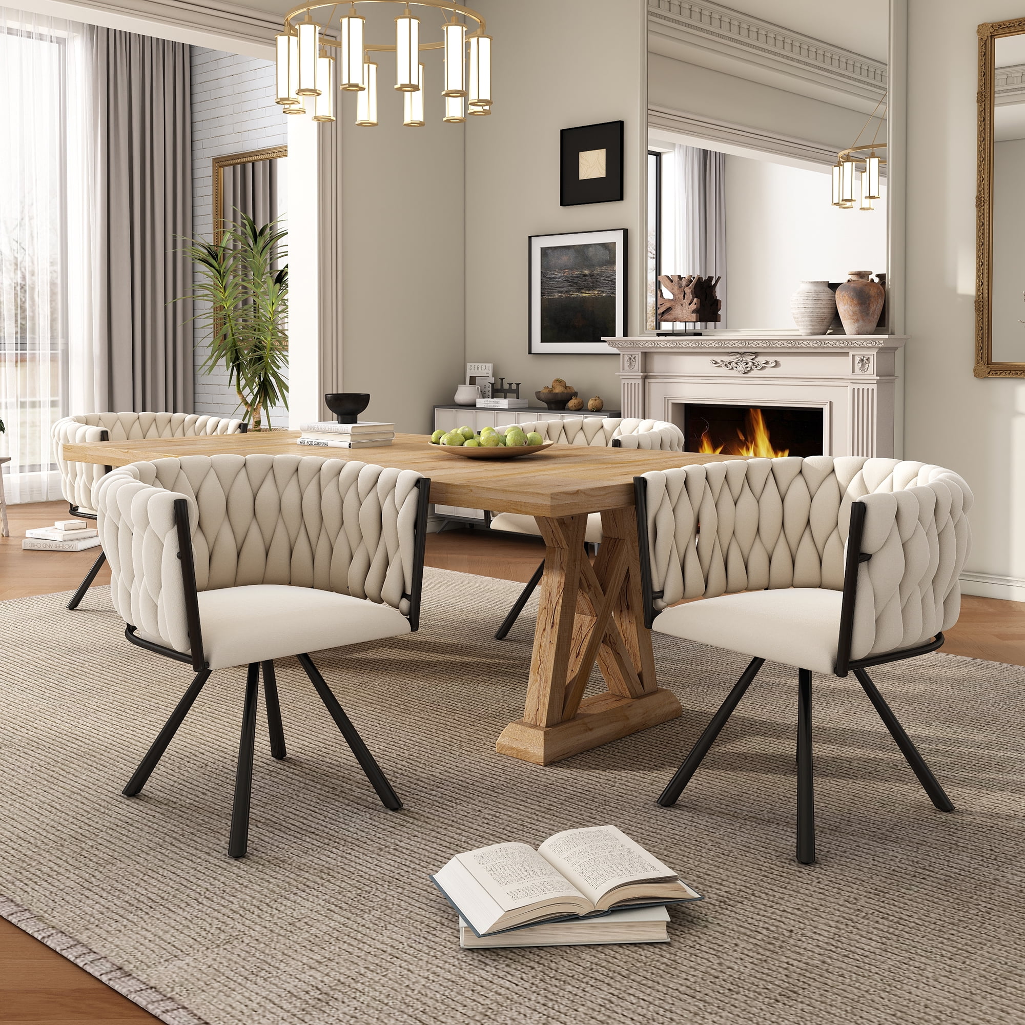 Noble House Ensemble de 4, Chaises de Salle à Manger en Velours, Chaise de Luxe Légère Capitonnée avec Quatre Pieds de Support en Métal, Fonction Pivotante à 360°, Beige