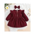 thumbnail image 2 of Xingqing Robe Princesse d'Automne pour Bébé Fille 2 Pcs à Volants à Manches Longues Boutonnée en Velours Côtelé Robe Trapèze Bandeau Rouge Vin 12-18 Mois, 2 of 9