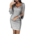 thumbnail image 1 of Robe Courte Moulante à Paillettes Scintillantes pour Femme, Fendue, Manches Longues, Col en V, Coupe Ajustée, Courte, Boîte de Nuit, Cocktail, Robe de Bal Formelle, 1 of 5