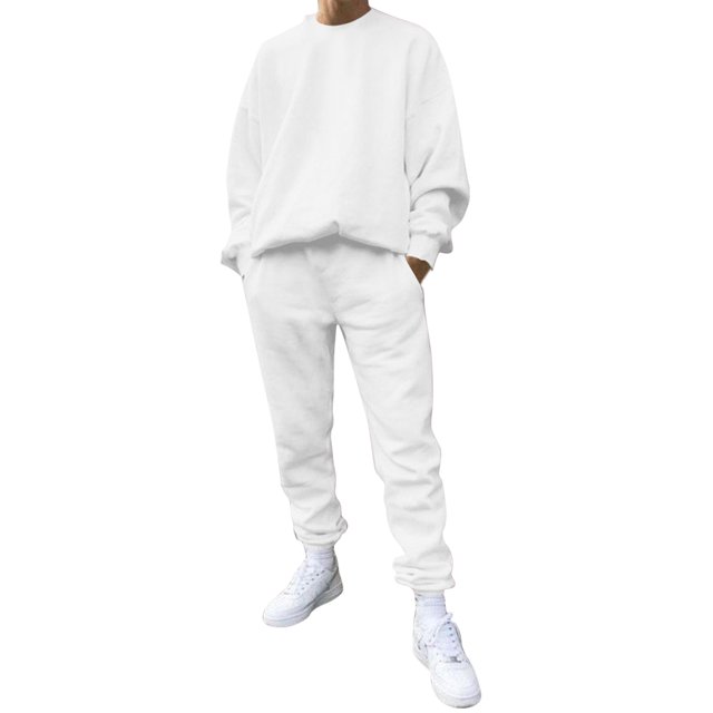 Kcodviy Male Casual Solid Two Chalk Stripe Suit Piece Suit O Neck Prom Jackets for Men off Shoulder Sleeve Sweatshirt Suit with Drawstring Pocket Pants Set