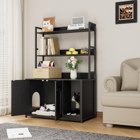 Enclos d'Angle pour Litière avec Tablettes, Meuble Caché de 52 Pieds' pour Grands Chats pour la Plupart des Bacs à Litière, Armoire pour Minou/chat en Bois avec Tapis à Griffer Noir
