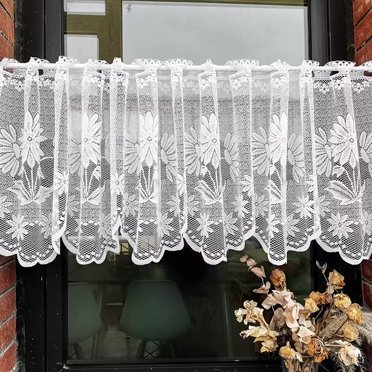 ZH.H Demi-Rideaux de Cuisine en Dentelle Florale Filtrant la Lumière, Poche pour Tringle, Cantonnière en Voile pour Café 46*152 cm, Blanc