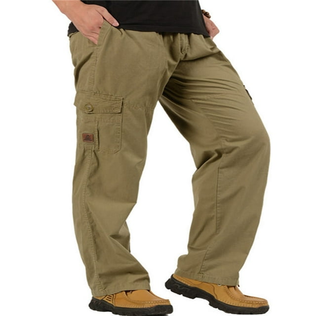 Mens Loose Cargo Pants Casual Elastic Waist Solid Color Straight Leg Work Pants