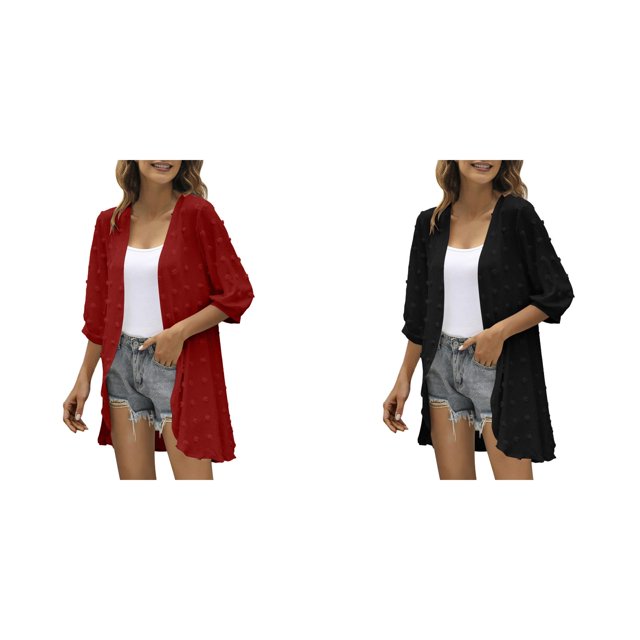 (2-Pack) Kcodviy Women Casual Cardigan Three Plus Size Sweaters for Women Quarter Sleeve Open Front Womens Fringe Cardigan Lightweight Dots Cardigan Draped Cardigans for Summer Women Ruffles Cardiga