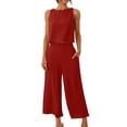 thumbnail image 1 of RKSTN Two Piece Set for Woman Round Neck Solid Color Sleeveless Blouse and Loose Pockets Pants Summer Outfits, 1 of 7