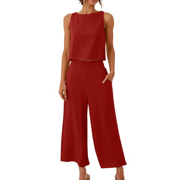 Ersazi T Shirts for Women 2PC Fashion Woman Round Neck Solid Sleeveless Blouse +Loose Pockets Pants Sets Crop Tops for Women 3- Red Blouse for Women 3XL