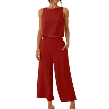 Weiqiqre Ensemble Estival 2 Pcs pour Femme, Haut Sans Manches à Col en V Boutonné, Pantalon à Jambe Grand Taille Haute Assorti