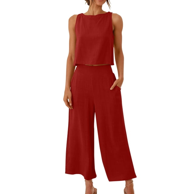 RKSTN Two Piece Set for Woman Round Neck Solid Color Sleeveless Blouse and Loose Pockets Pants Summer Outfits