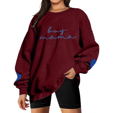 HNMKIU Chemise à Manches Longues Femmes Dames Maman Chandail en Molleton Brodé Col Rond Manches Longues Drôle Maman Imprimé Lettre Chandail