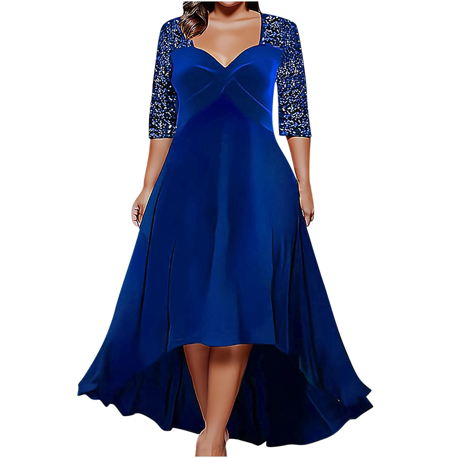 Meichang Robes en Velours pour Femmes Grande Taille Tunique Confortable en Dentelle Manches 3/4 Robe d'Été Élégante Évasée Swing Encolure Carrée Robes Ourlet Haut-Bas Invitée de Mariage Robe de Soirée, L-5TG