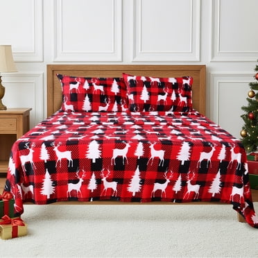Gogreen King Flannel Christmas Sheet Set 3-Piece, 100% Polyester Microfiber, Ultra-Soft & Cozy Warm Winter Bed Sheets, Deep Pocket Fitted Sheet, Wrinkle Resistant, Easy Care - Christmas Deer
