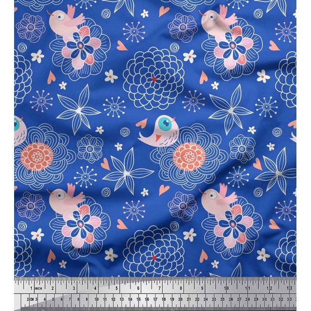 Soimoi Poly Georgette Fabric Heart,Floral & Bird Kids Decor Fabric Printed Yard 42 Inch Wide
