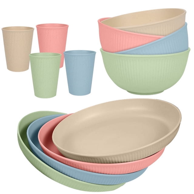 XmhyTop-A Ensemble de 12 Assiettes de Souper - Ensembles de Vaisselle pour Repas en Famille, Ensemble de Vaisselle de Cuisine en Paille de Blé, Service pour 4, Multicolore A