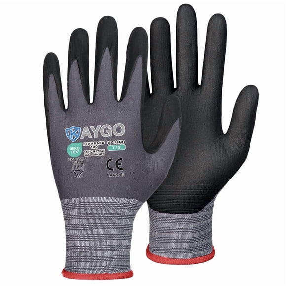 KAYGO Safety Work Gloves MicroFoam Nitrile Coated, 3 Pairs KG18NB, 13‑gauge Seamless Knit Nylon Glove for Men and Women, Ideal for Automotive, Warehouse, Construction, Gray, S