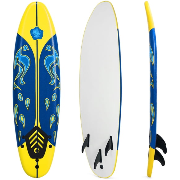 Gymax Planche de Surf 6 Pieds avec 3 Palmes Amovibles Laisse de Sécurité Jaune