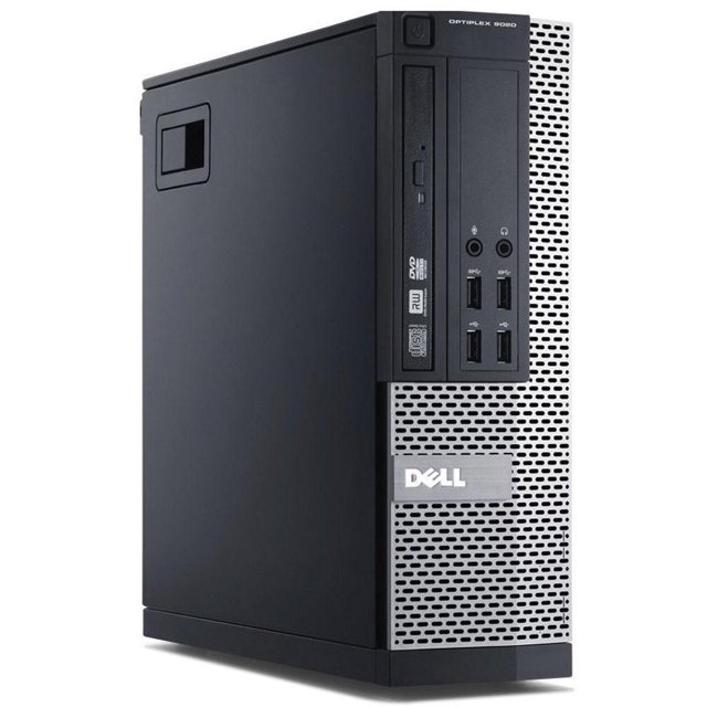 Ordinateur de Bureau Dell Optiplex Remis à Neuf Intel i5-4570 9020 Montré en Vue avant 3/4 avec un Panneau Latéral Noir Mat et un Panneau avant Perforé Argenté Mettant en Vedette le logo Dell, Lecteur DVD, Quatre ports USB et Prises audio, Équipé de Windows 10 Pro, 16 Go de RAM et 240 Go SSD, Idéal pour les Tâches Informatiques au Bureau et à la Maison.