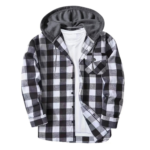 aohooy Hooded Plaid Jacket Men - Trendy Casual Button Down Long Sleeve Fall Jackets Shacket with Pockets Gray,XXL